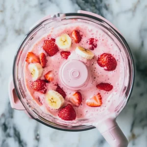 blending frozen strawberry banana smoothie