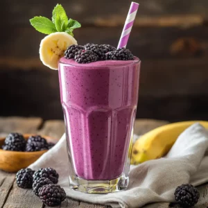 Blackberry Banana Smoothie served in a glass with a straw
