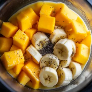 Blending Banana Mango Smoothie Ingredients in Blender
