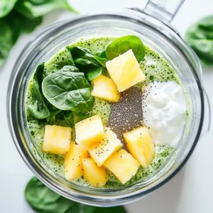 Blending Spinach Pineapple Smoothie – Blender filled with spinach, pineapple chunks, chia seeds, and Greek yogurt.