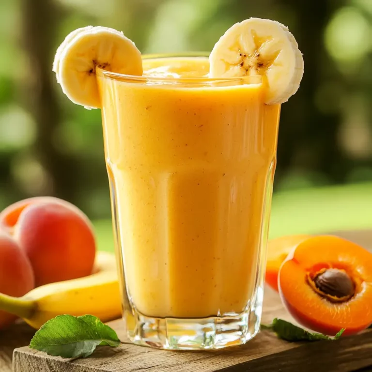 Apricot Banana Smoothie in a glass with fresh fruit garnish