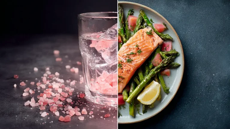A split image demonstrating how to use Himalayan pink salt correctly: not by pouring it into water (left), but by seasoning a healthy meal of seared salmon with herbs (right).