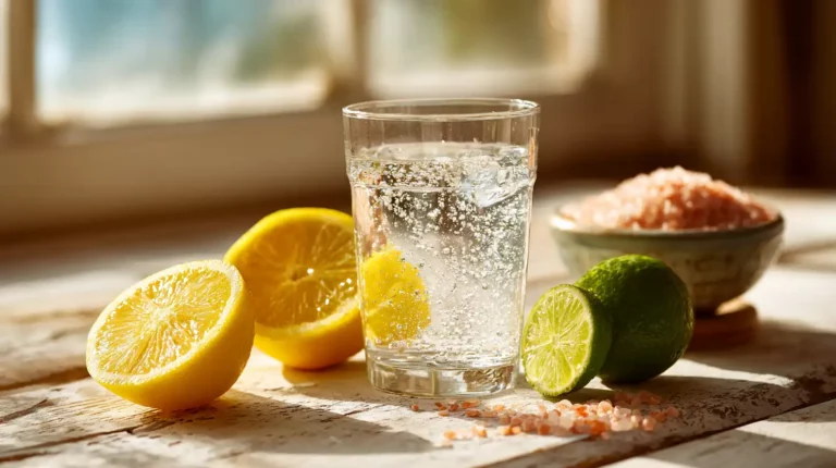A prepared lemon and pink salt drink in a glass with a fresh lemon slice inside, flanked by a cut lime and a bowl of Himalayan salt on a sunlit wooden surface.