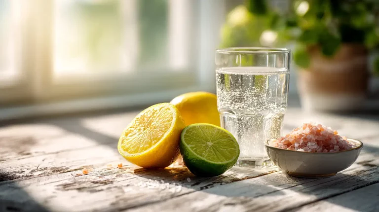 A glass of water next to a bowl of Himalayan pink salt, a fresh lemon, and a lime, representing the natural ingredients for the pink salt trick recipe for women.