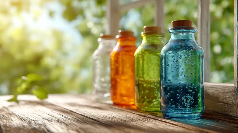 Colorful glass bottles filled with water for solarised water therapy solarized water with solar energy, soaking up the sun.