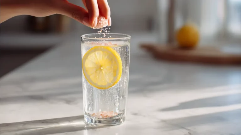 A woman sprinkles a pinch of pink salt into a glass of lemon water, demonstrating a mix with pink salt for weight loss support through hydration.